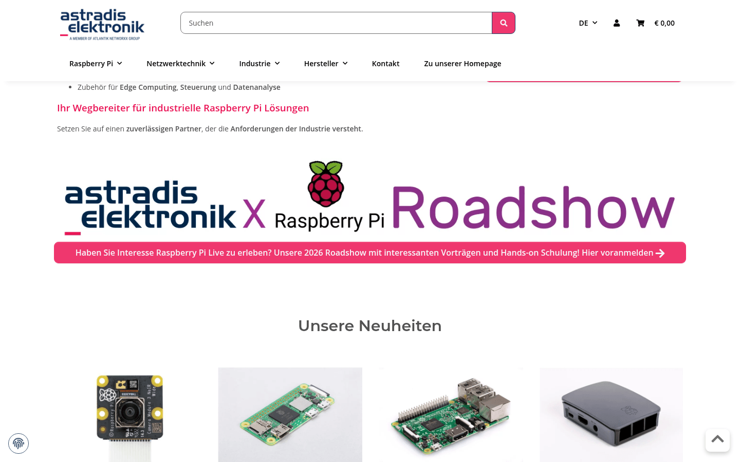 Sortiments-Übersicht mit B2B-Fokus und Banner astradis elektronik X Raspberry Pi Roadshow