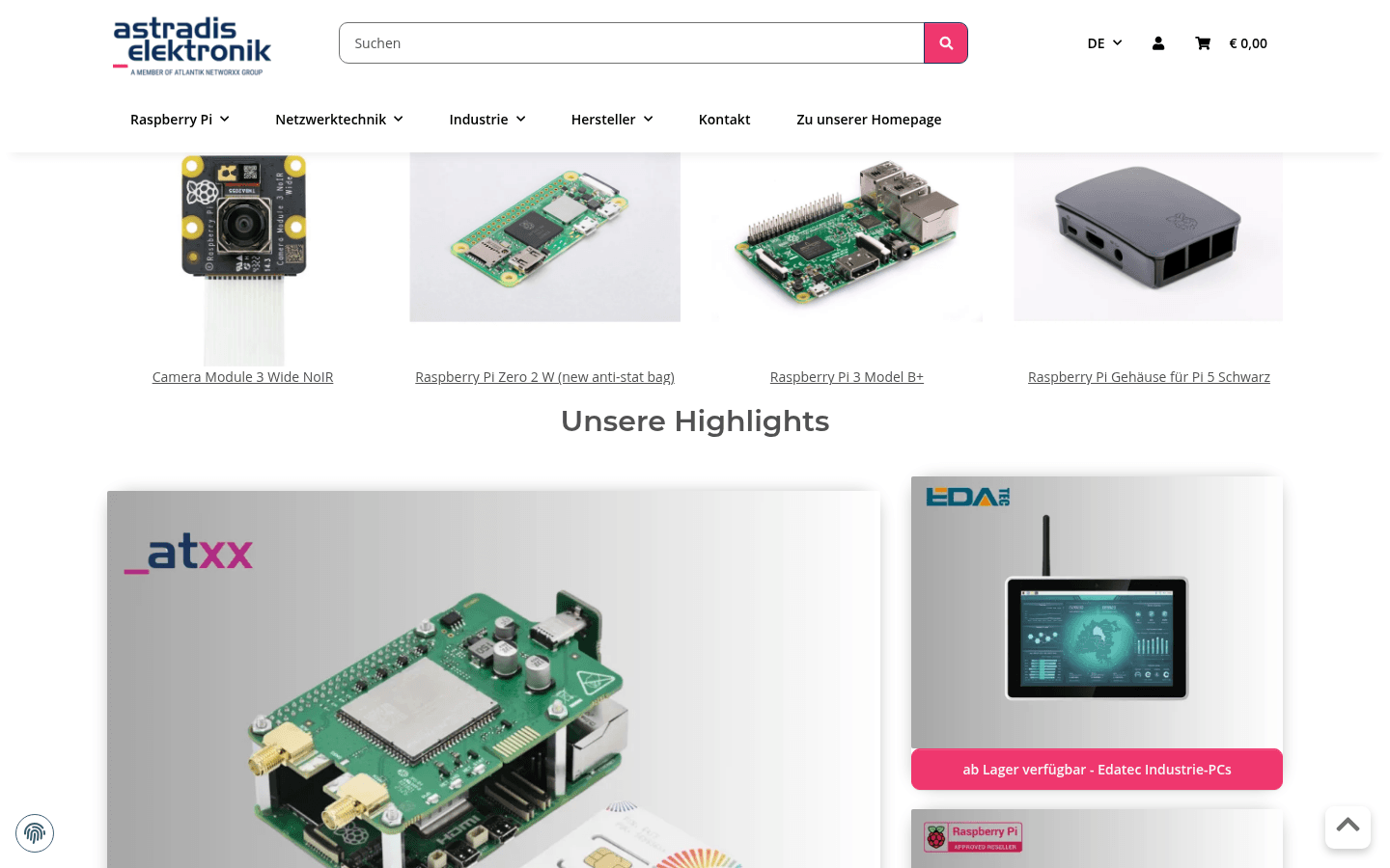 Produktslider Unsere Neuheiten mit Raspberry-Pi-Boards, darunter der Highlights-Bereich