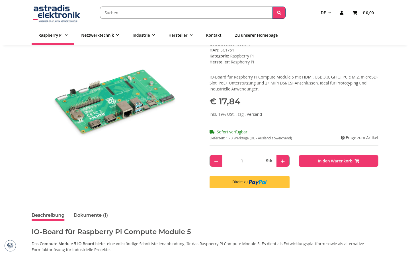 Produktseite Compute Module 5 I/O-Board mit Foto, SKU/HAN, Preis, Verfügbarkeit und PayPal-Button