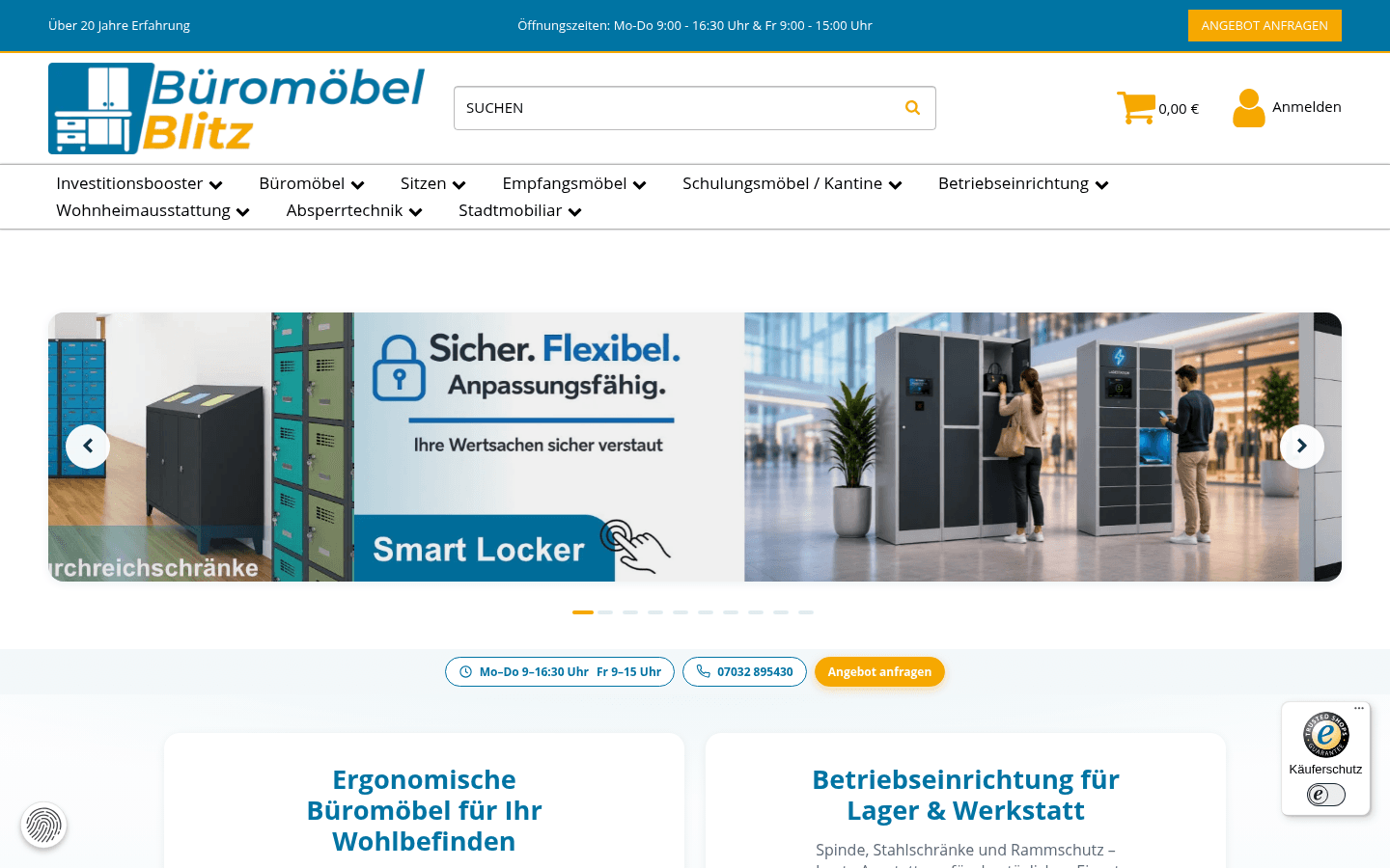 Startseite mit großem Banner-Slider, Kategorie-Navigation und zwei Promo-Kacheln