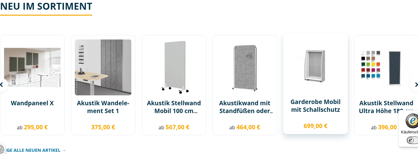 Produkt-Slider Neu im Sortiment mit Produktkarten, Bildern und Preisen