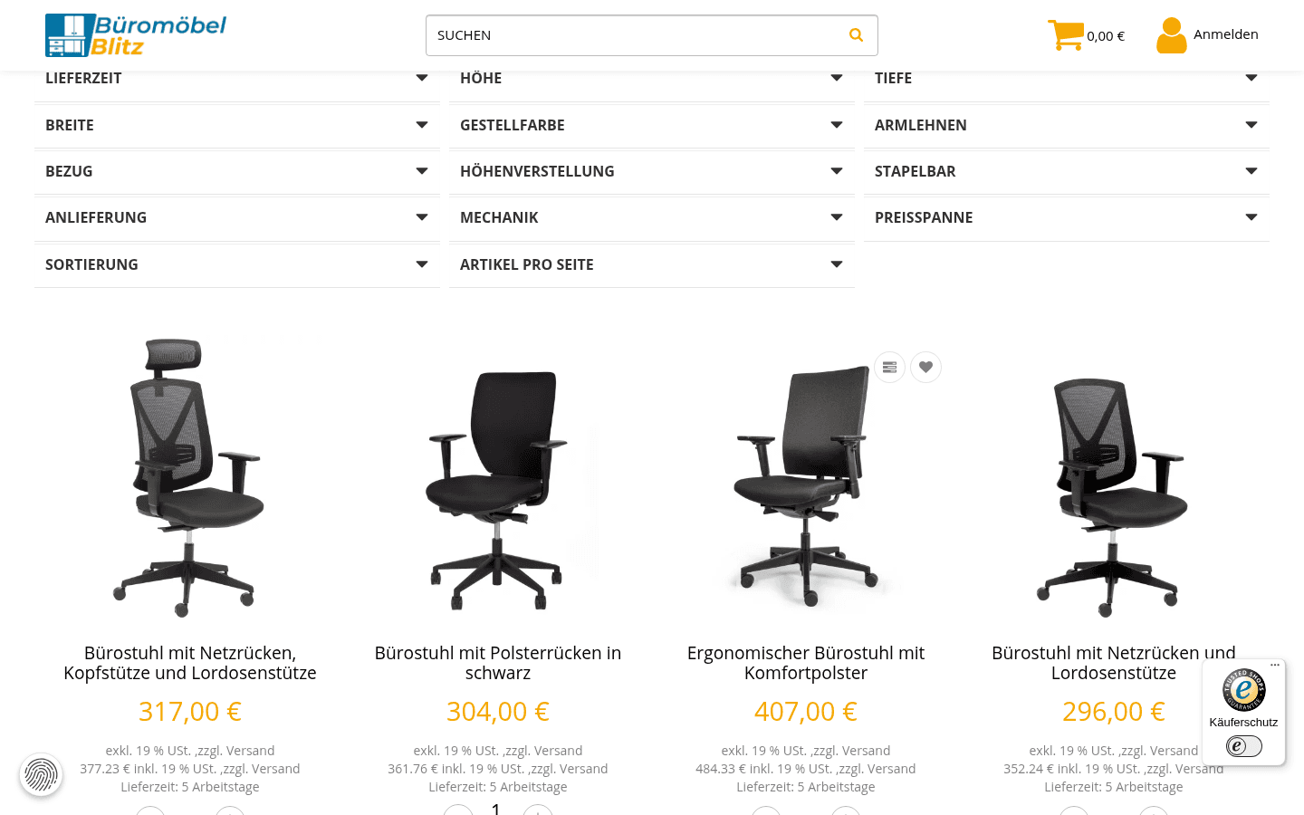 Kategorieseite mit umfangreichem Filterbereich über dem Produktraster