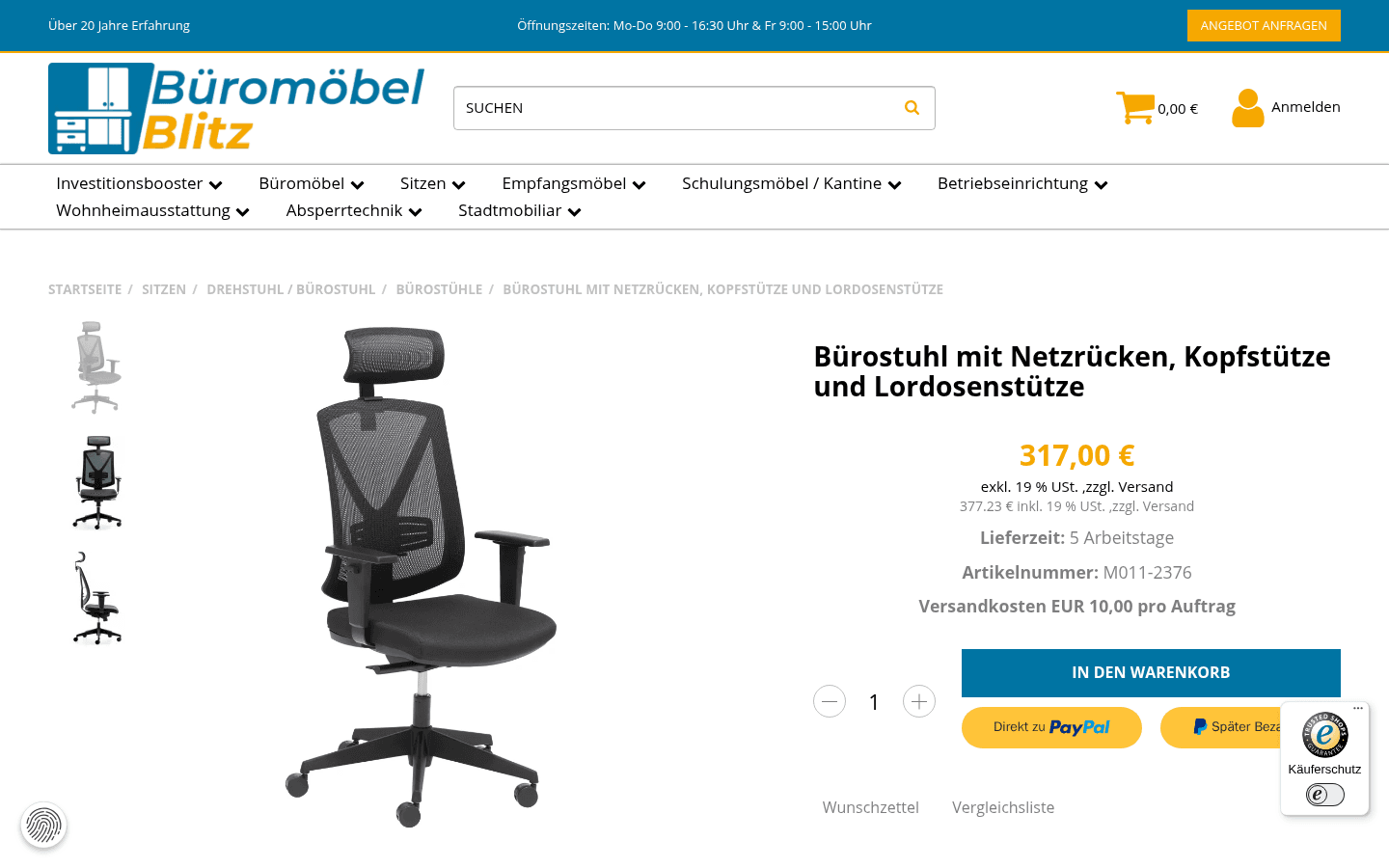 Produktseite eines Bürostuhls mit Bildergalerie, Preis und Kaufbereich
