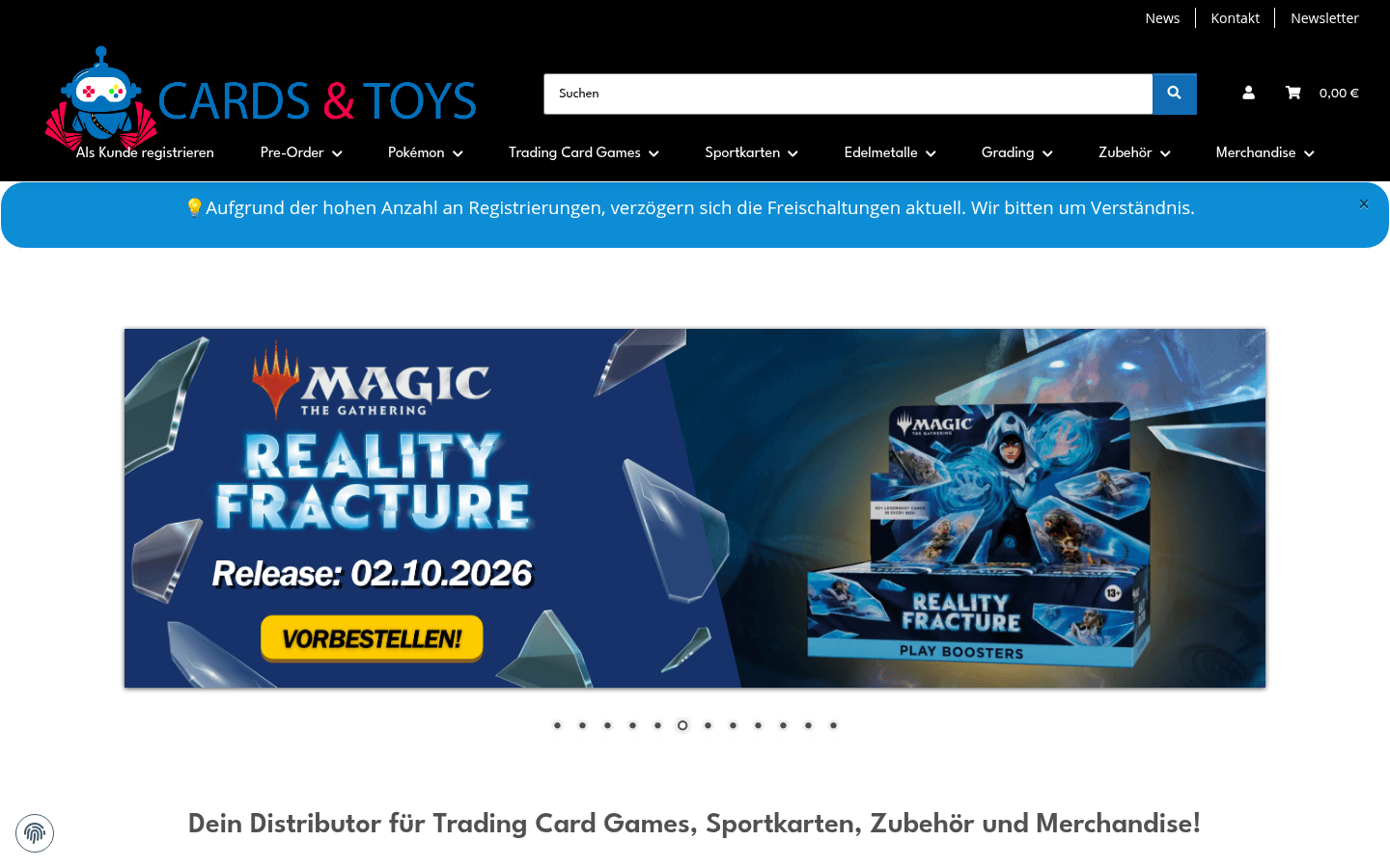 Startseite mit Hero-Slider und Headline Dein Distributor für Trading Card Games, Sportkarten, Zubehör und Merchandise