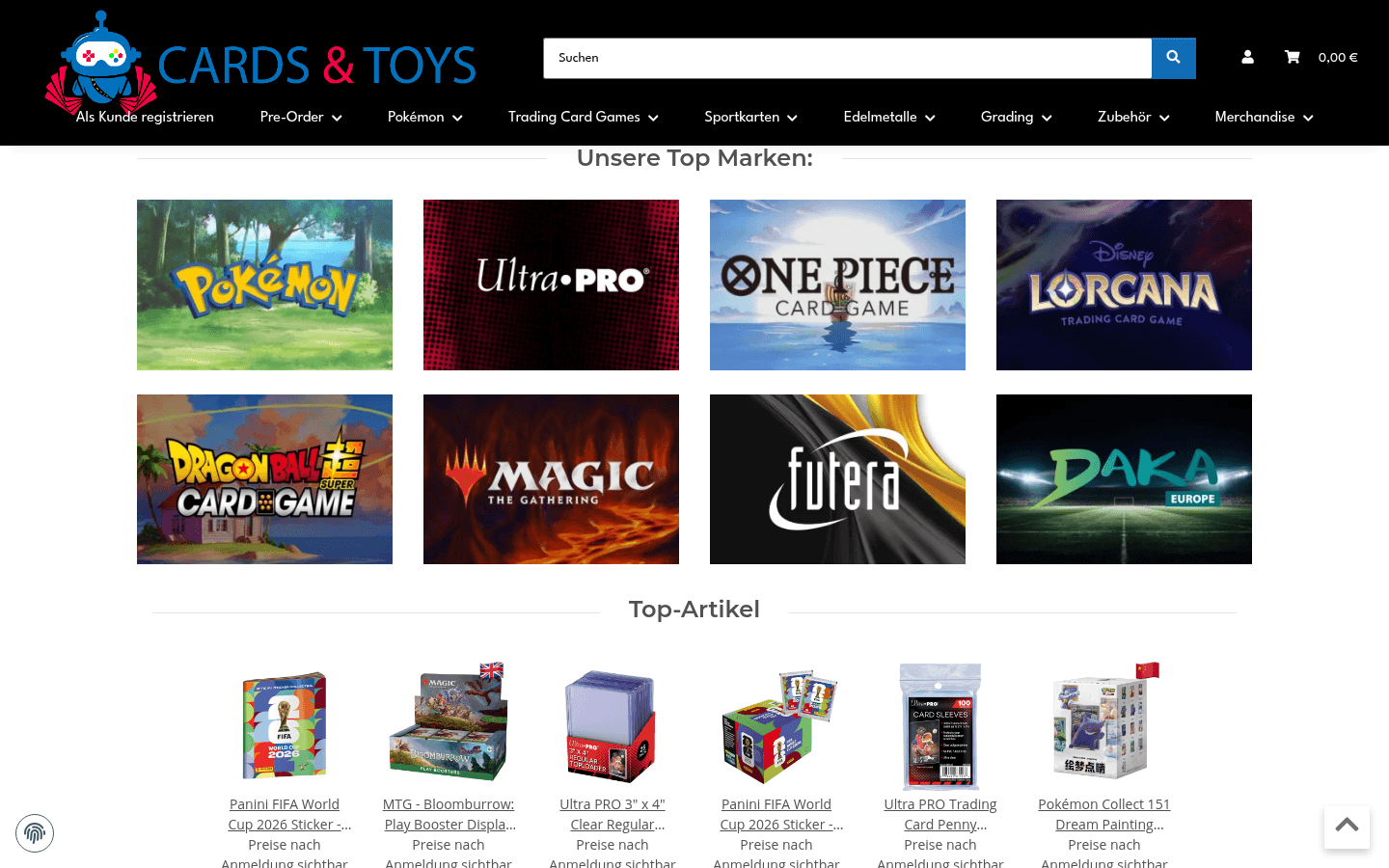 Sektion Unsere Top Marken als Logo-Bento (Pokémon, One Piece, Lorcana, Magic) über Top-Artikel-Karten