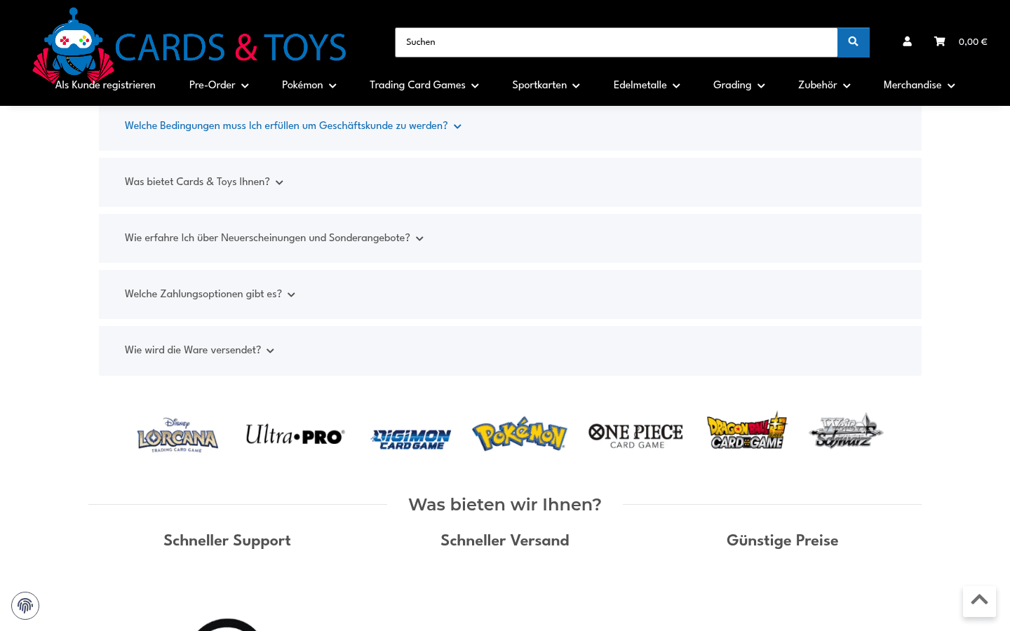 B2B-FAQ-Akkordeon, Partnermarken-Logoreihe und USP-Block Schneller Support, Schneller Versand, Günstige Preise