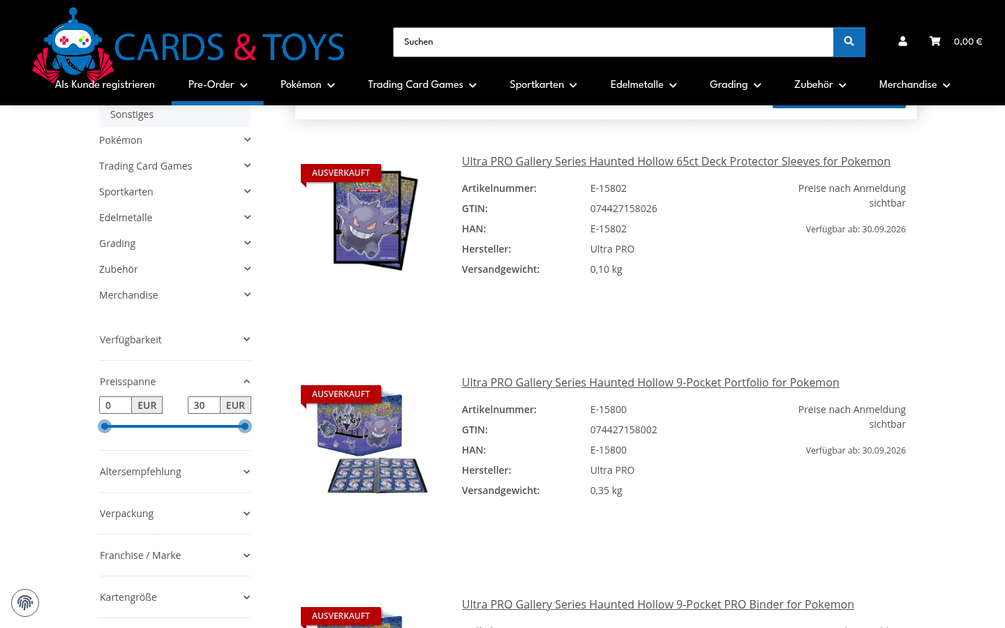Pokémon-Listing mit Filter-Sidebar (Preisspanne, Verfügbarkeit, Marke) und Produktzeilen mit Preise nach Anmeldung sichtbar