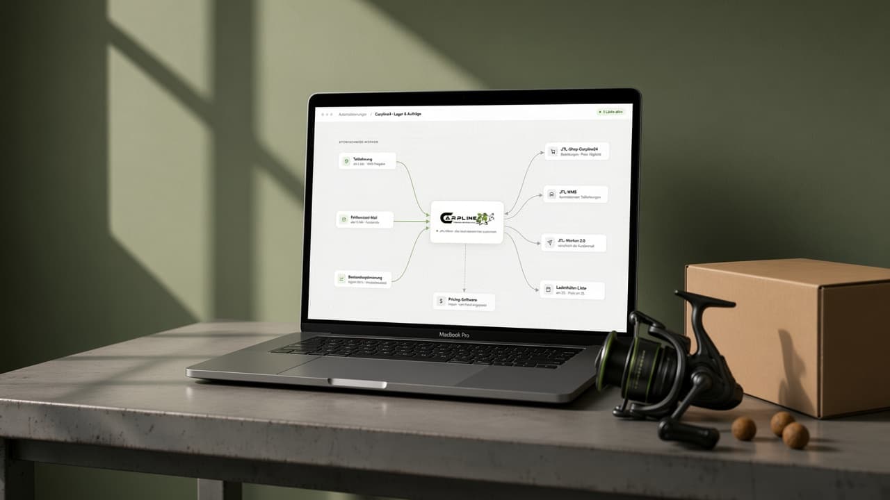 Laptop vor olivgrüner Wand neben Karpfenrolle, Boilies und Versandkarton, auf dem Bildschirm die Automatisierungen rund um die JTL-Wawi von Carpline24