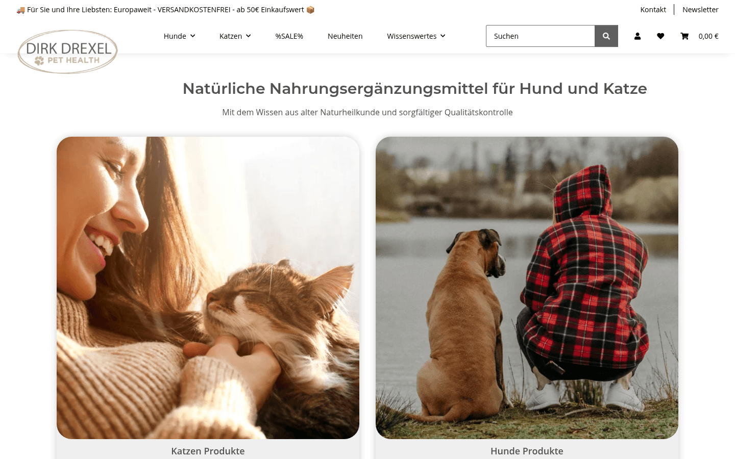 Startseite mit Headline Natürliche Nahrungsergänzungsmittel für Hund und Katze und zwei Themenkacheln Katze und Hund