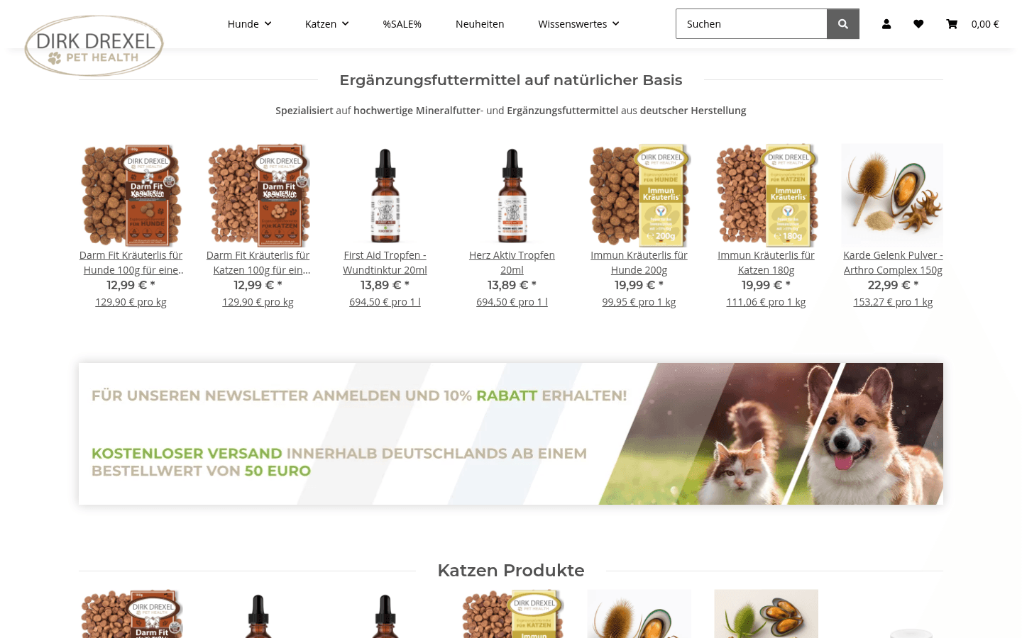 Produktslider Ergänzungsfuttermittel auf natürlicher Basis mit Tropfen und Pulvern plus Newsletter-Rabatt-Banner