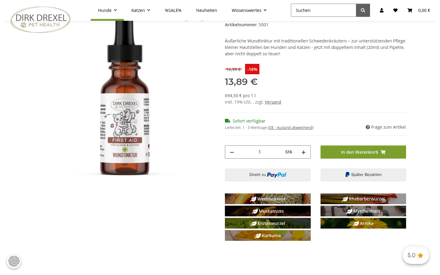 Produktseite First Aid Wundtinktur mit Foto, Rabattpreis, Verfügbarkeit und Kacheln der enthaltenen Kräuter