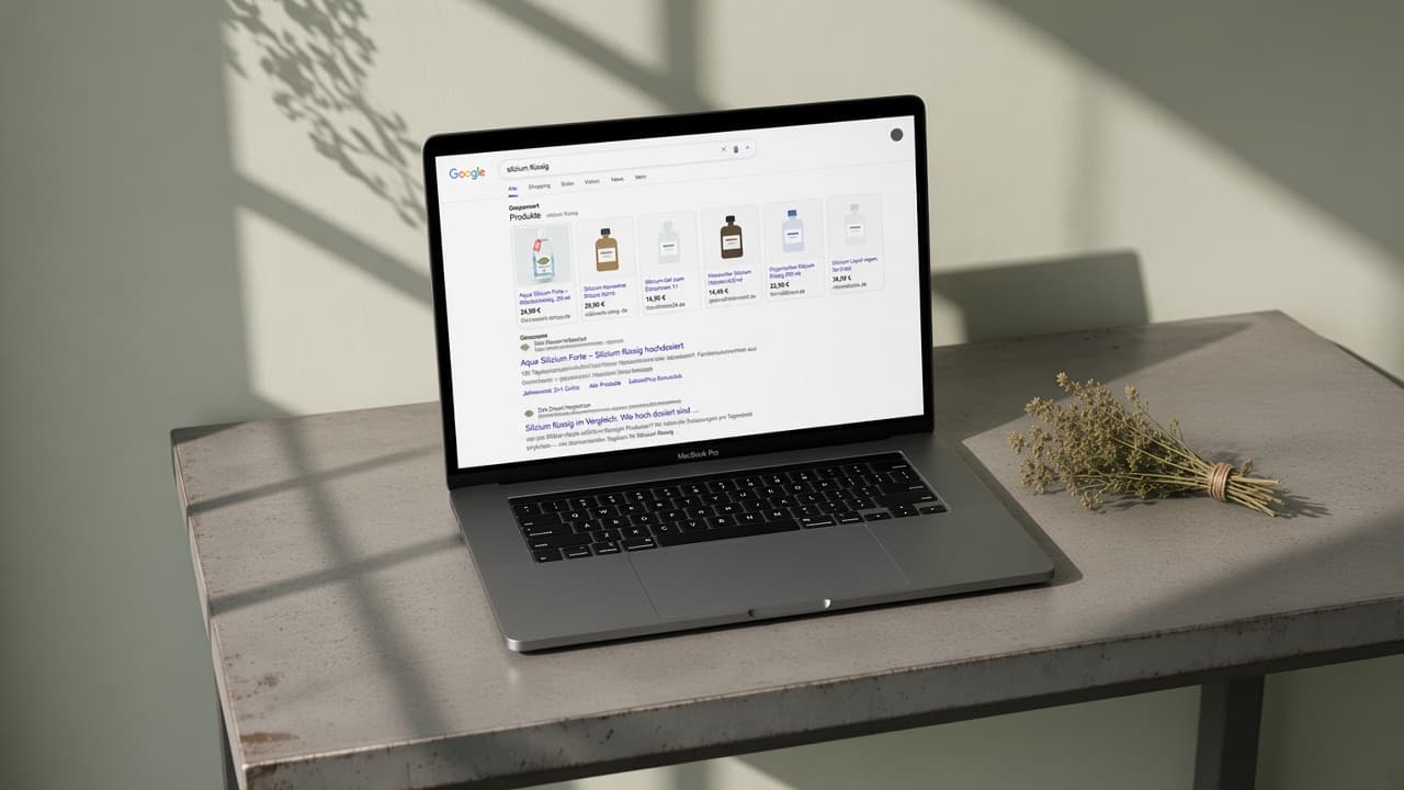 Laptop mit Google-Suchergebnissen, in denen Dirk Drexel Herbarium bei Shopping-Anzeige und Textanzeige ganz oben steht, vor kalkweißer Wand neben einem Bund getrockneter Kräuter