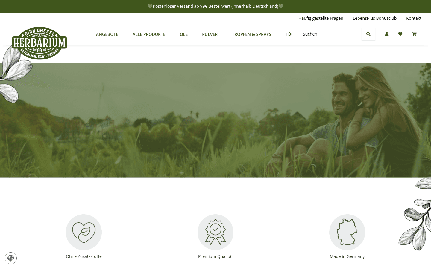 Startseite mit grünem Hero-Banner, Kräuter-Navigation und drei Vertrauens-Icons