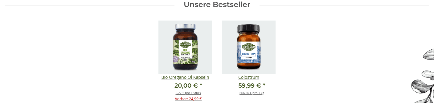 Produktslider Unsere Bestseller mit Bio Oregano Öl Kapseln und Colostrum