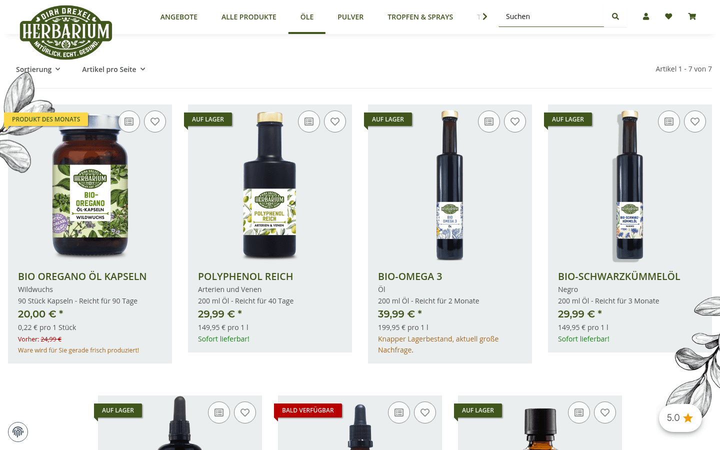 Listing der Öle als Produktraster mit Auf-Lager- und Produkt-des-Monats-Badges