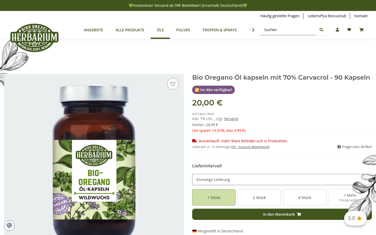 Produktseite der Bio Oregano Öl Kapseln mit Preis, Lieferintervall und Mengenstaffel