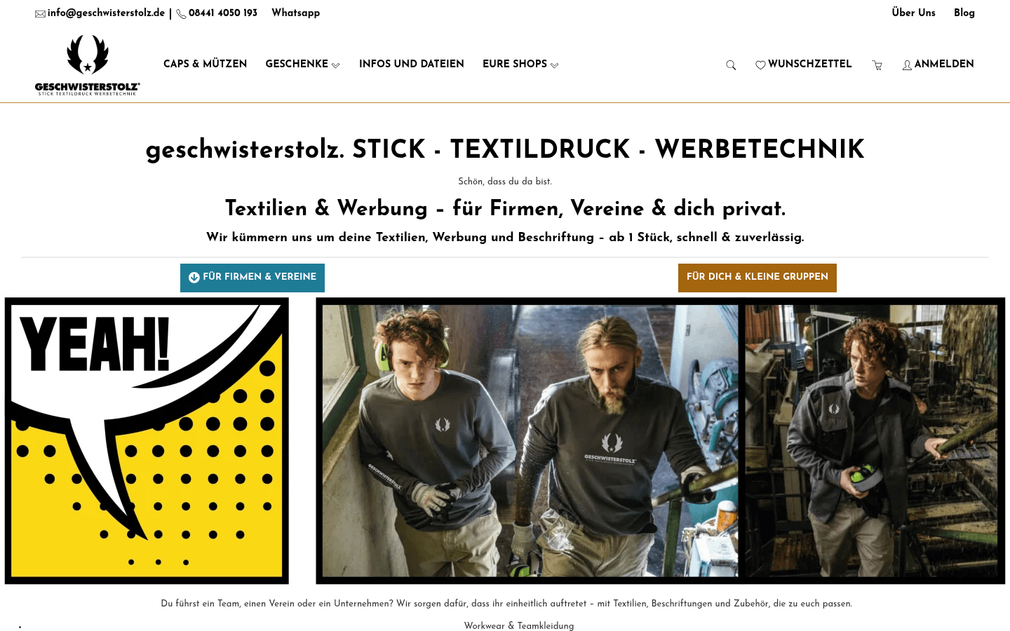 Startseite mit Headline STICK – TEXTILDRUCK – WERBETECHNIK, Pop-Art-YEAH-Kachel und Team-Fotos