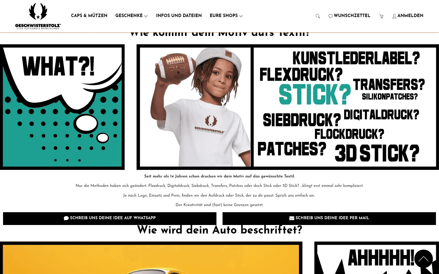 Sektion Wie kommt dein Motiv aufs Textil mit typografischer Liste Stick, Siebdruck, Flexdruck, 3D-Stick, Patches