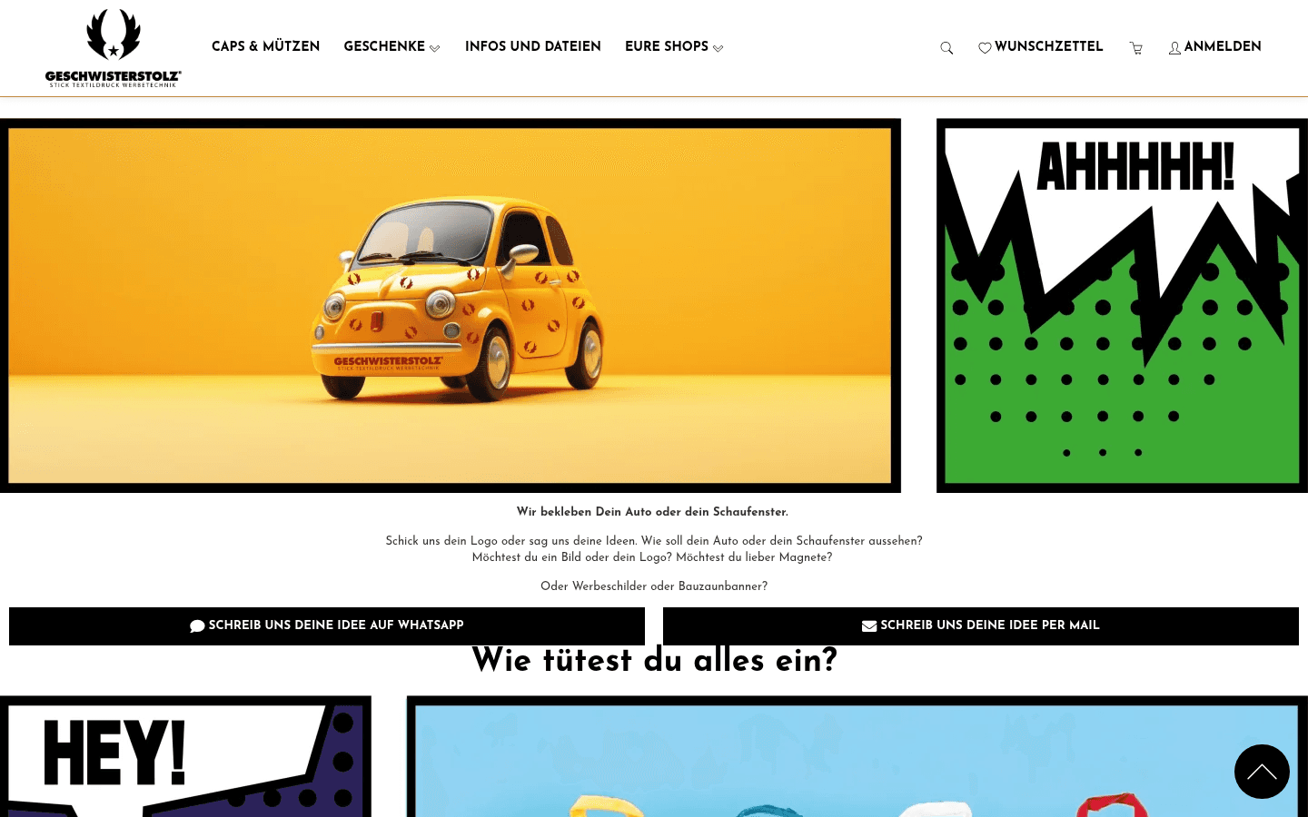 Sektion Wie wird dein Auto beschriftet mit beschriftetem Fiat 500, AHHHH-Comic und Kontakt-CTAs