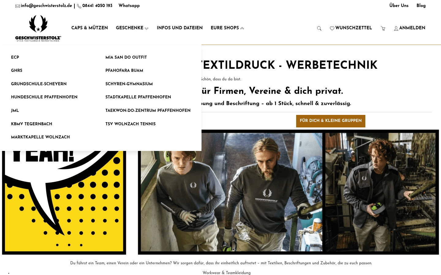 Geöffnetes Eure-Shops-Menü mit Liste von Vereins- und Schulshops wie Schyren-Gymnasium und TSV Wolnzach Tennis