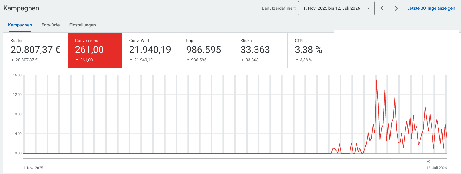 Google-Ads-Kampagnenübersicht mit funktionierender Messung: 261 Conversions, 21.940,19 € Conversion-Wert und ansteigender Verlaufskurve