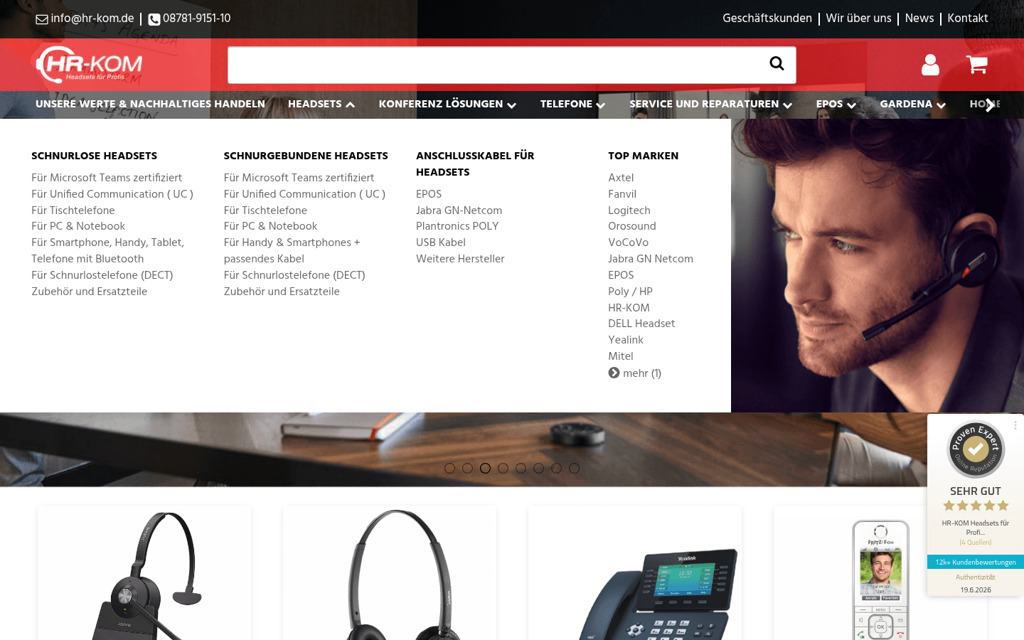 Geöffnetes Headsets-Menü mit Spalten Schnurlos/Schnurgebunden, gegliedert nach Teams, UC, Tischtelefon, PC