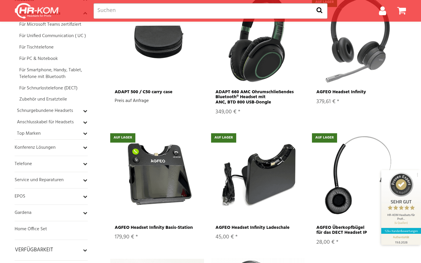 Listing schnurloser Headsets mit Filter-Sidebar nach Anwendungsfall und Auf-Lager-Produktkacheln