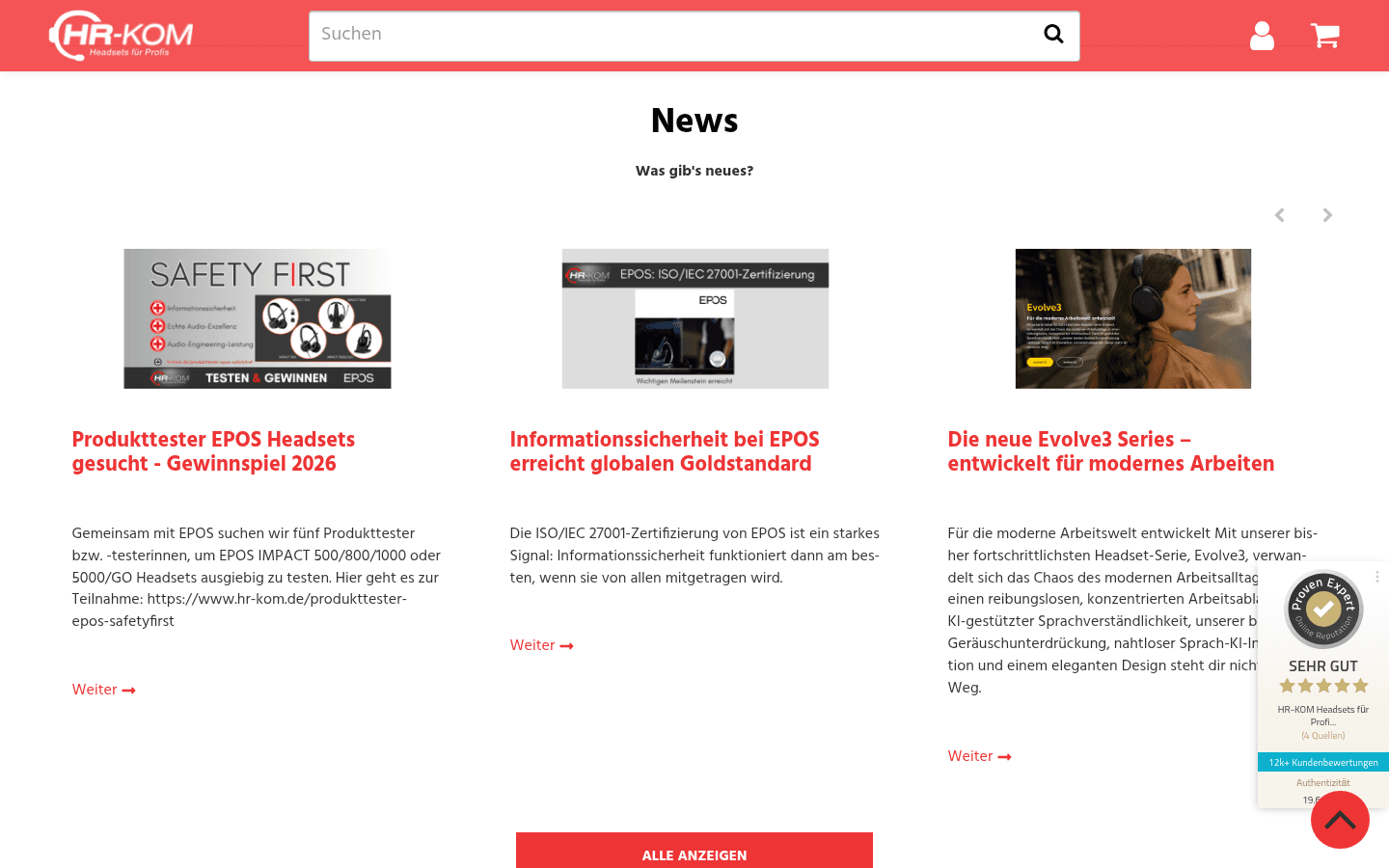 News-Sektion mit drei bebilderten Artikelkarten zu EPOS-Gewinnspiel, Informationssicherheit und Evolve3
