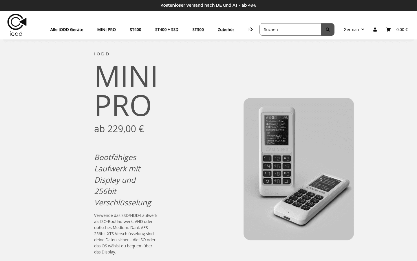 Startseite mit großem MINI-PRO-Produkthero, Preis und Produktfoto
