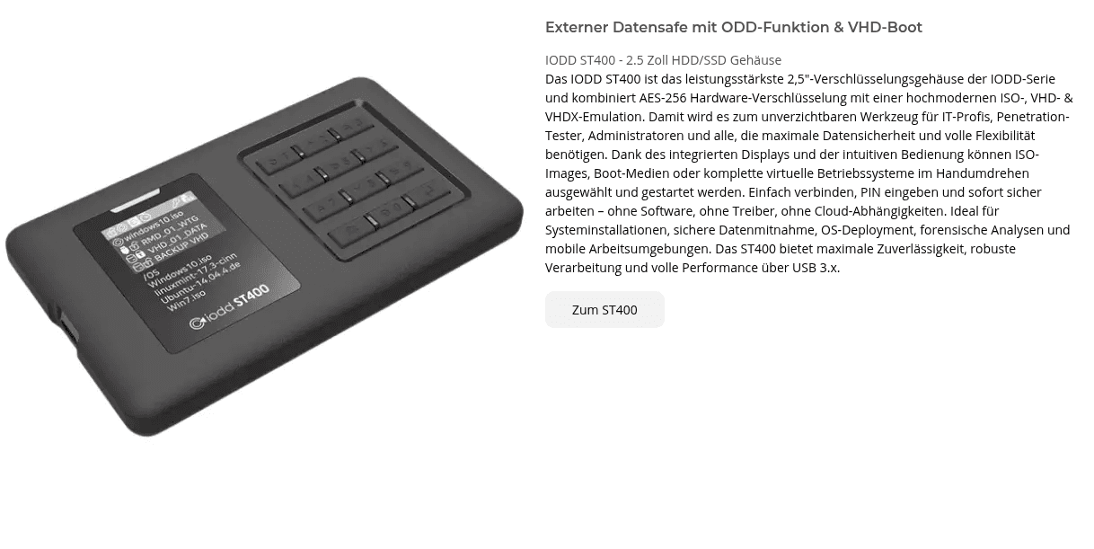 Feature-Sektion mit großem Produktfoto, Beschreibung und Zum-ST400-Button