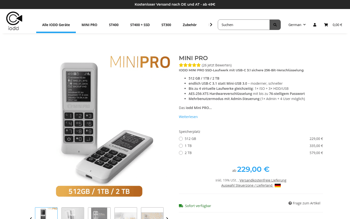 Produktseite des MINI PRO mit Galerie, Feature-Liste und Speicherplatz-Auswahl