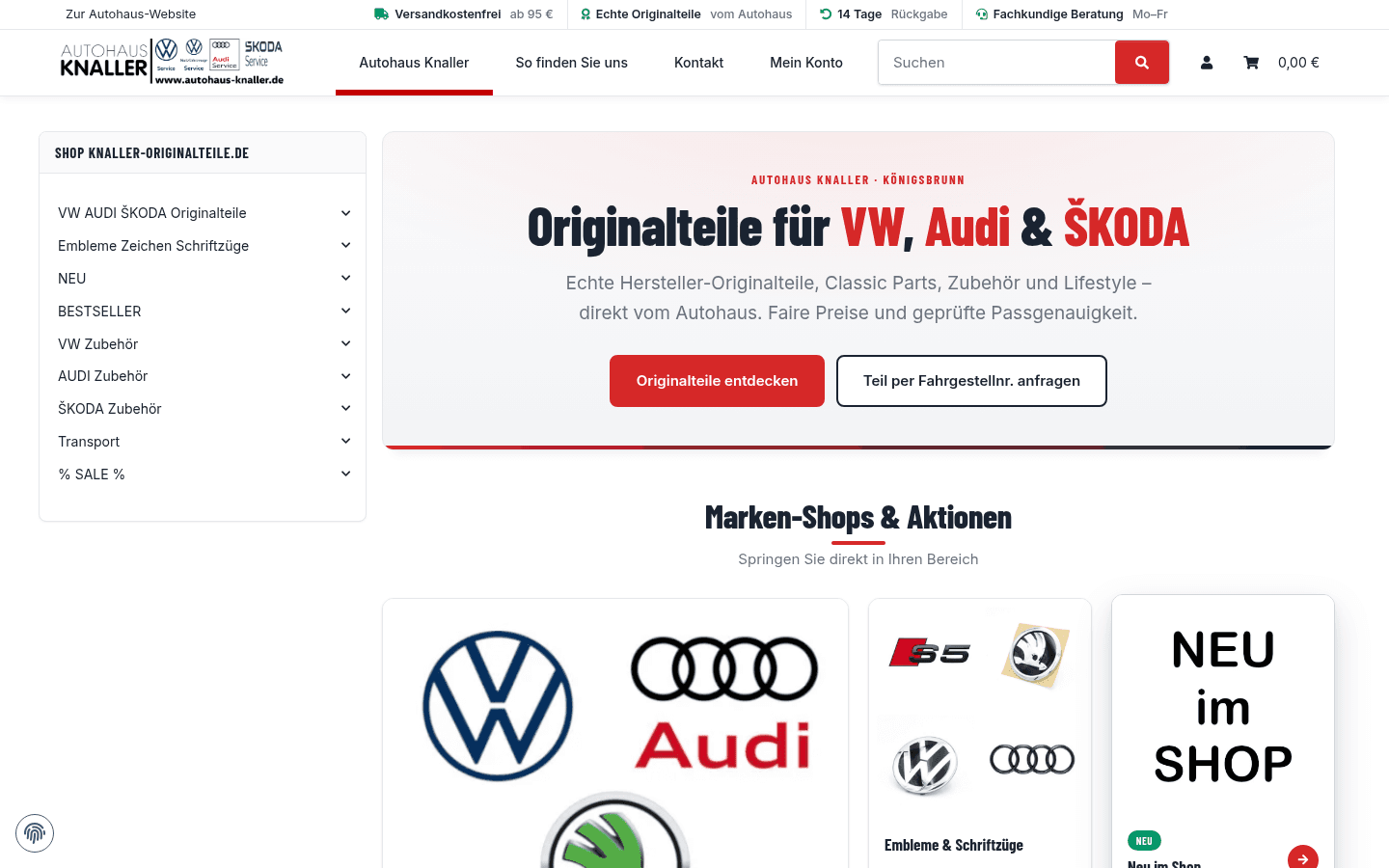 Startseite mit Hero für VW, Audi und ŠKODA Originalteile und Sidebar-Navigation