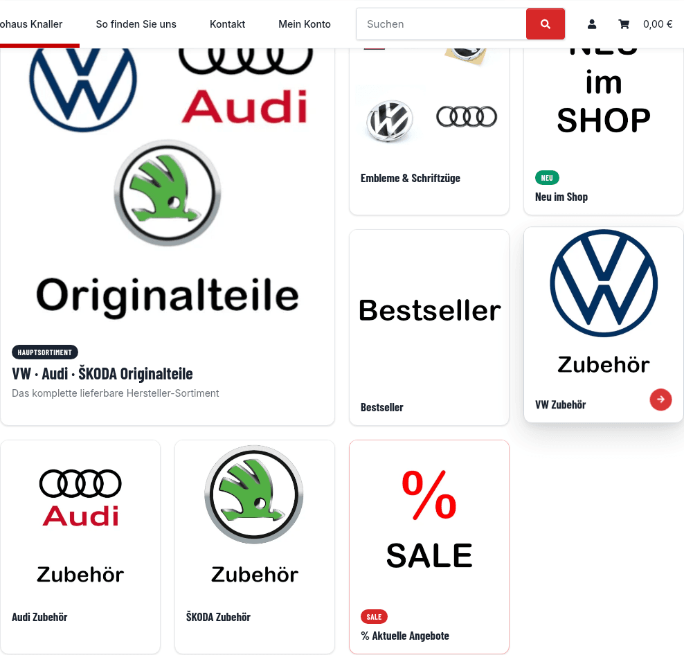 Bento-Kacheln mit Markenlogos und Aktionen: Originalteile, Embleme, Neu, Bestseller, Zubehör, Sale