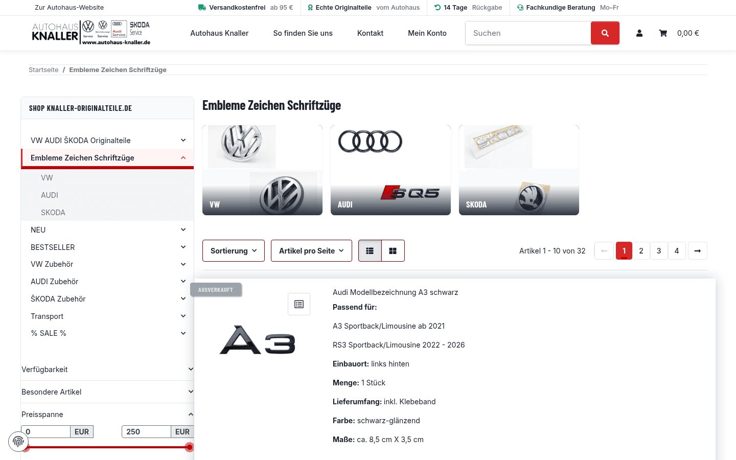Listing mit Kategorie-Sidebar, Unterkategorie-Kacheln und Artikeln mit Passend-für-Angaben