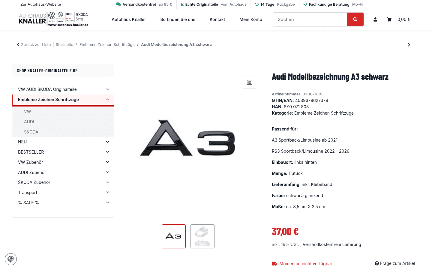 Produktseite eines Audi-Emblems mit Artikelnummer, Passend-für-Liste und Preis