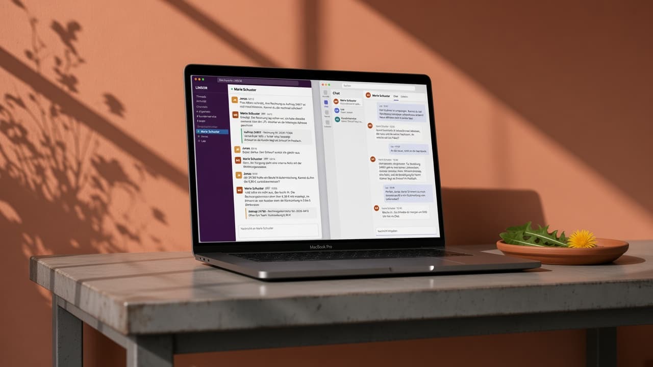 Laptop mit Slack und Microsoft Teams, in beiden ein Chat mit der KI-Kollegin Marie Schuster, vor terrakottafarbener Wand neben einer Schale Löwenzahn