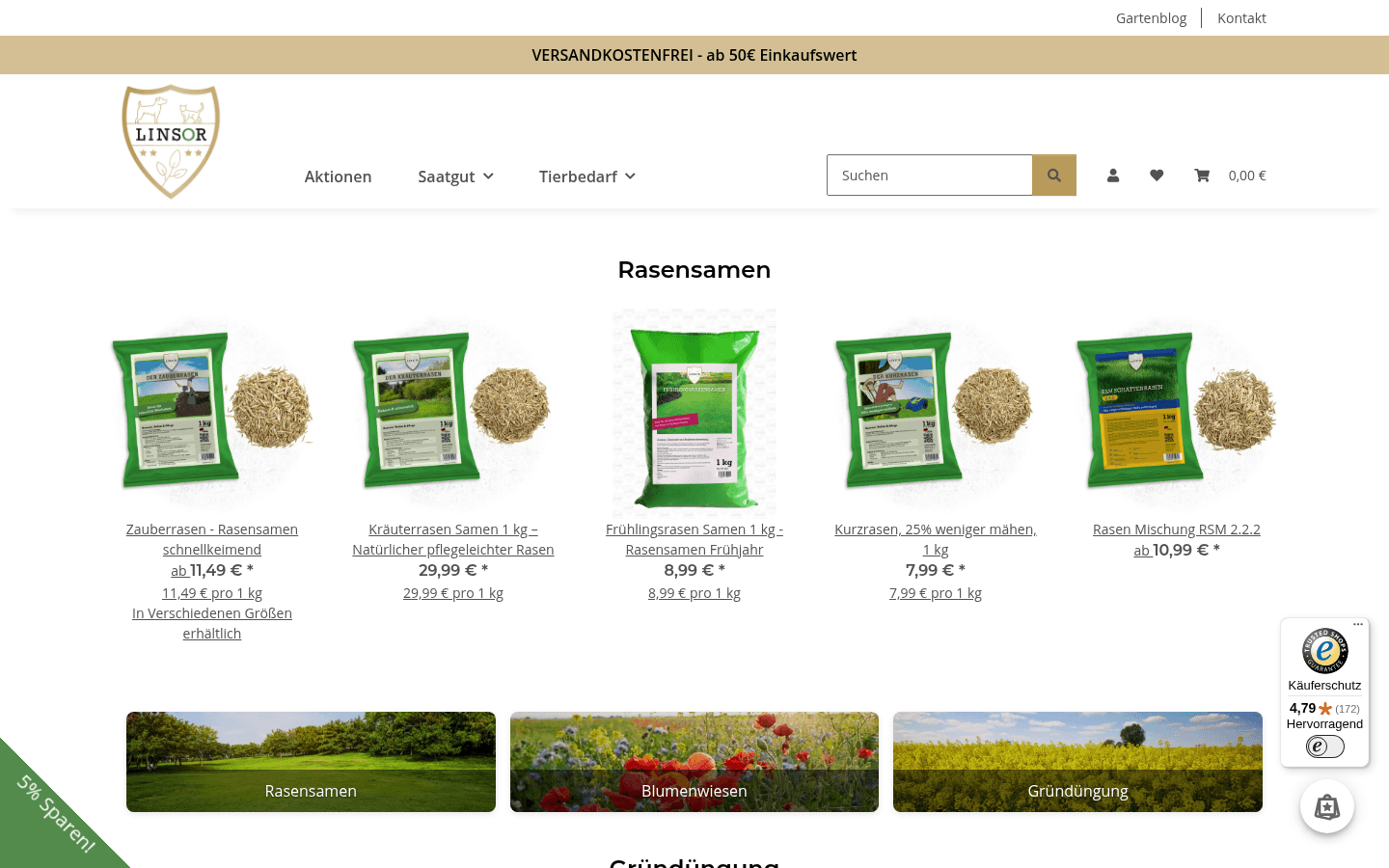Startseite von LINSOR mit Header, Rasensamen-Produktslider und Themenbannern