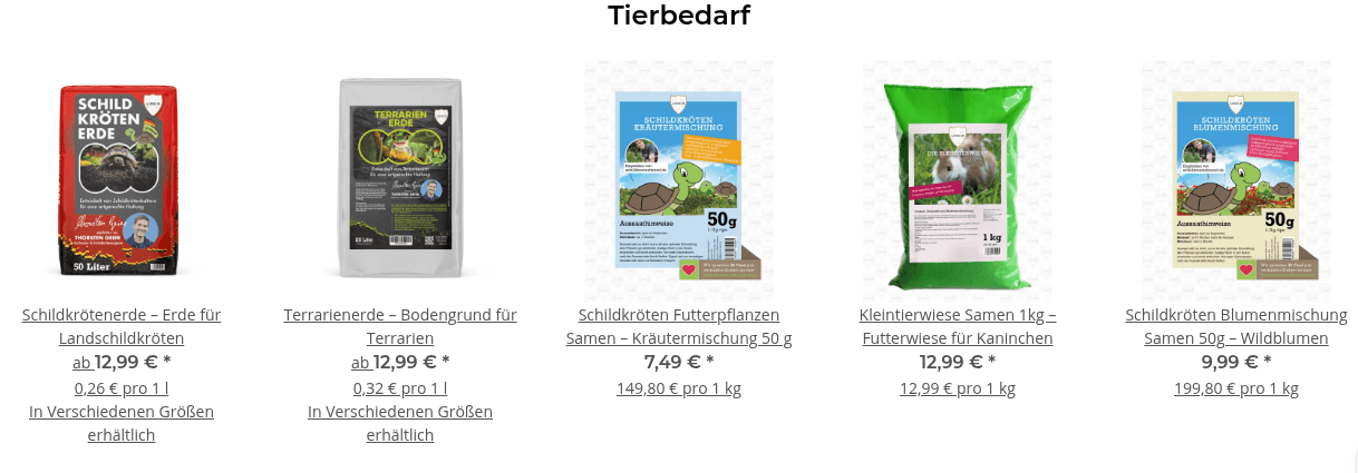 Tierbedarf-Produktslider mit Schildkrötenerde, Terrarienerde und Futtersaatgut
