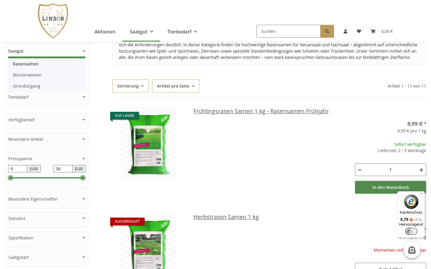 Listing der Rasensamen mit Kategorie-Sidebar, Filtern und Produkten in Listenansicht