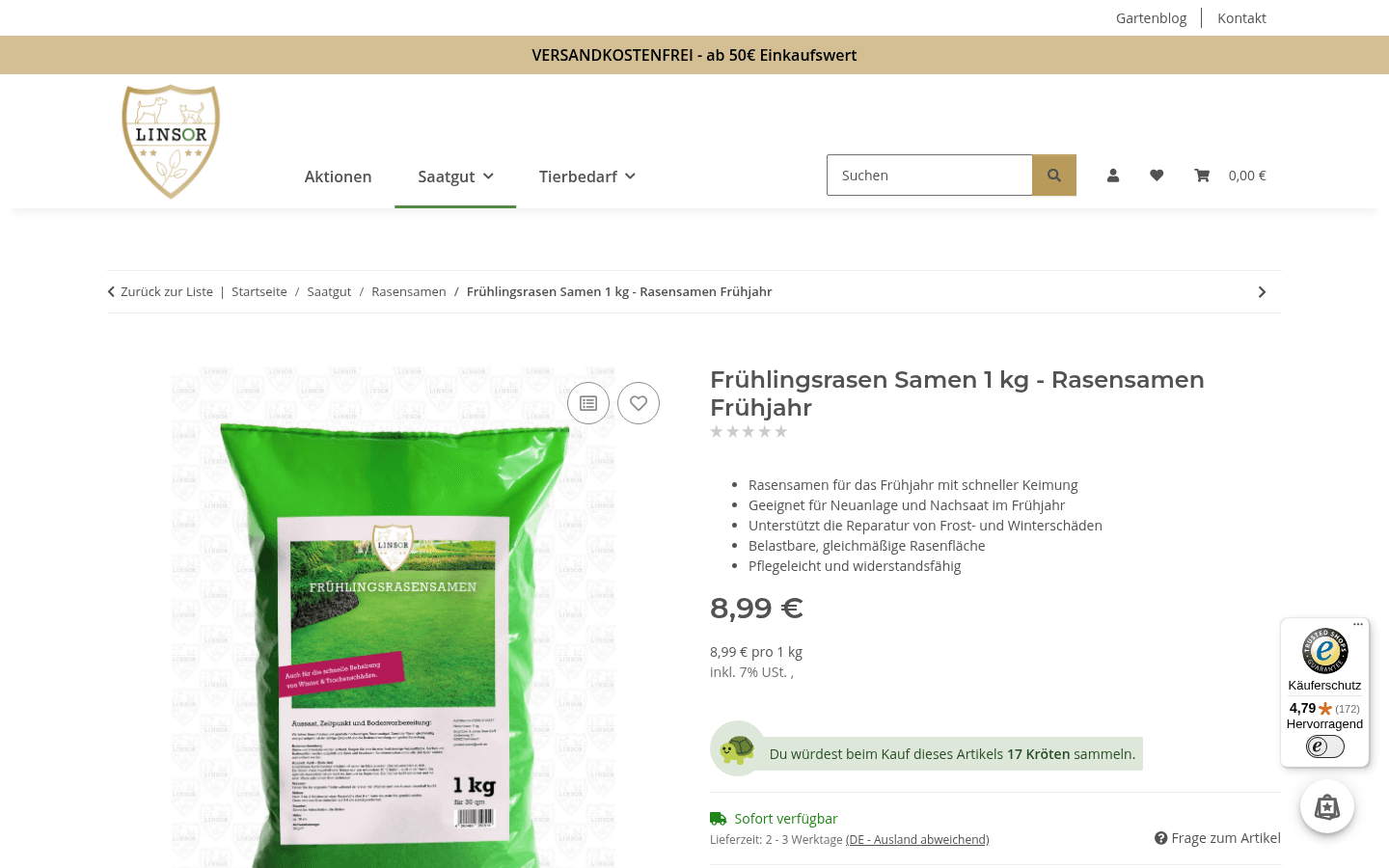 Produktseite eines Rasensamen-Sacks mit Bild, Eigenschaften und Preis