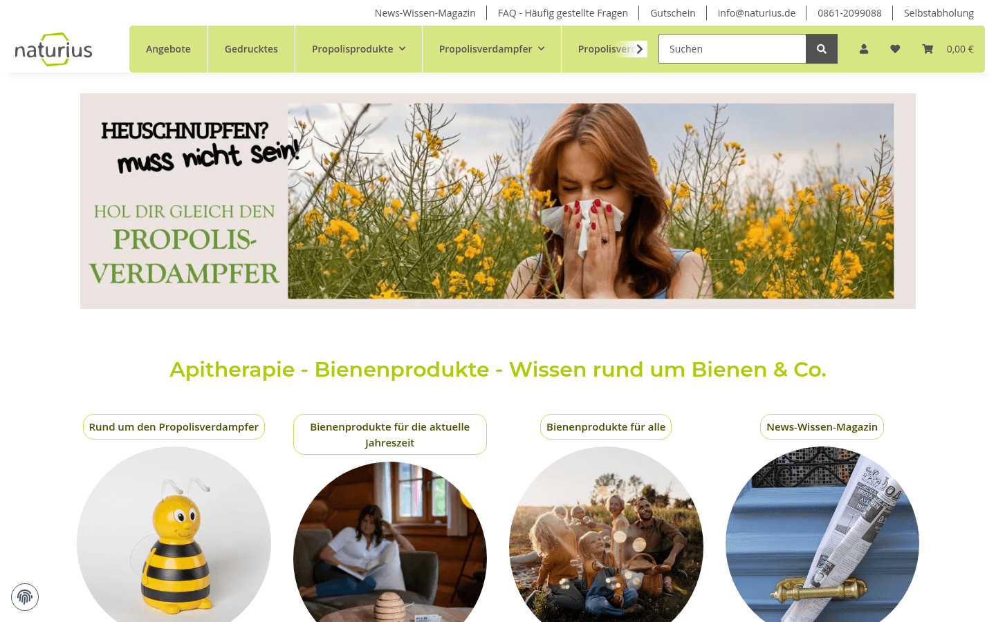 Startseite mit Naturfoto im Rapsfeld, Propolisverdampfer-Banner und vier Themenkacheln