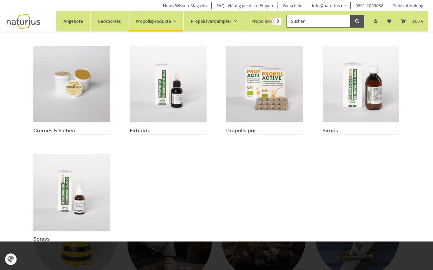 Geöffnetes Propolisprodukte-Menü mit Produktfotos zu Cremes, Extrakten, Propolis pur, Sirups und Sprays