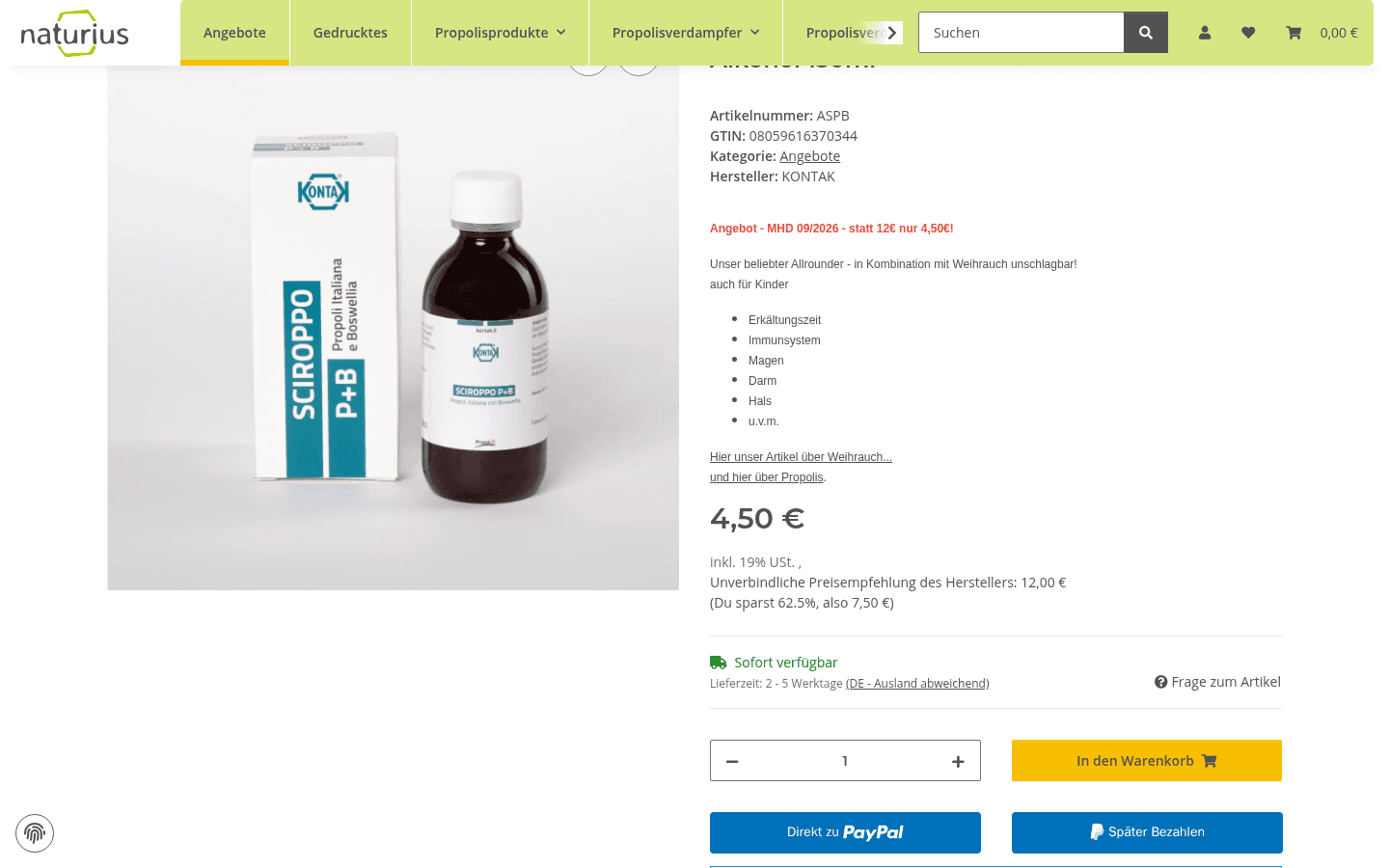 Produktseite Propolissirup mit Galerie, Nutzen-Liste, Preis mit UVP-Ersparnis und PayPal-Button