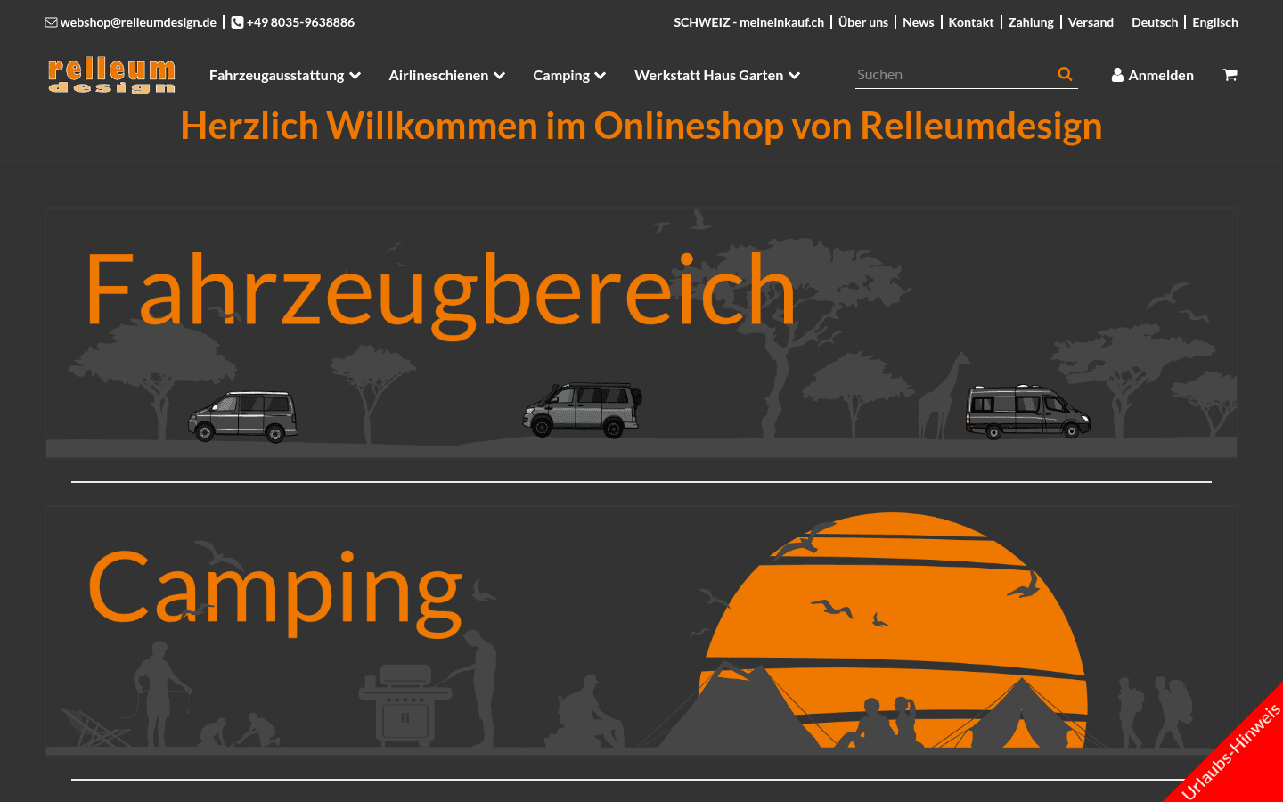 Startseite im Dark-Theme mit Bannern Fahrzeugbereich und Camping samt Fahrzeug- und Zelt-Silhouetten