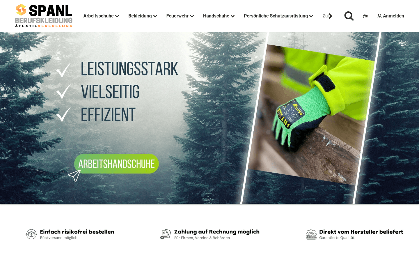 Startseite mit Waldhintergrund, Checkliste Leistungsstark, Vielseitig, Effizient und Arbeitshandschuh-Bild