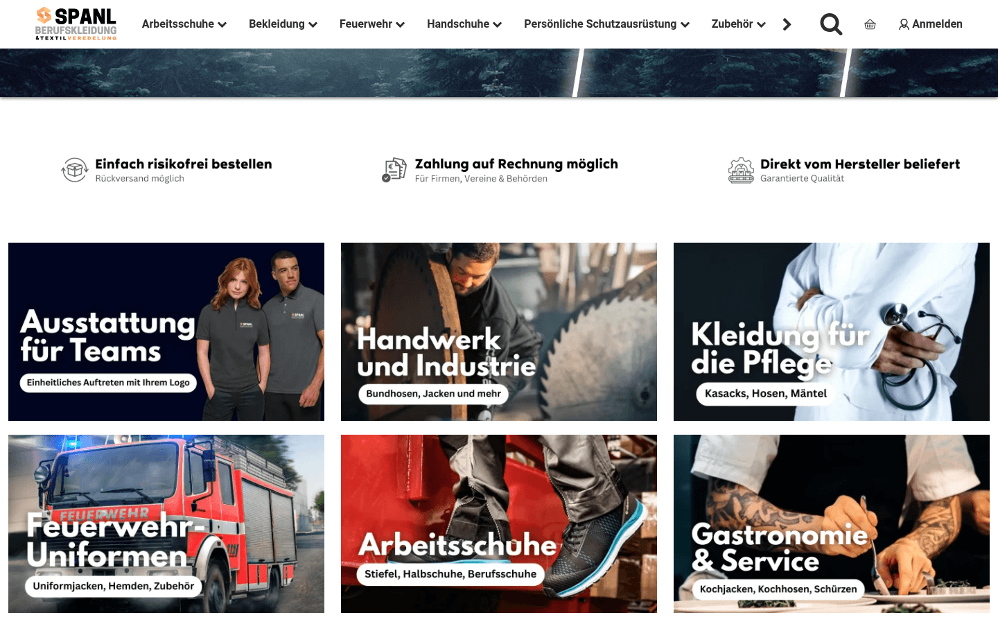 Sechs Bildkacheln für Ausstattung für Teams, Handwerk, Pflege, Feuerwehr-Uniformen, Arbeitsschuhe, Gastronomie