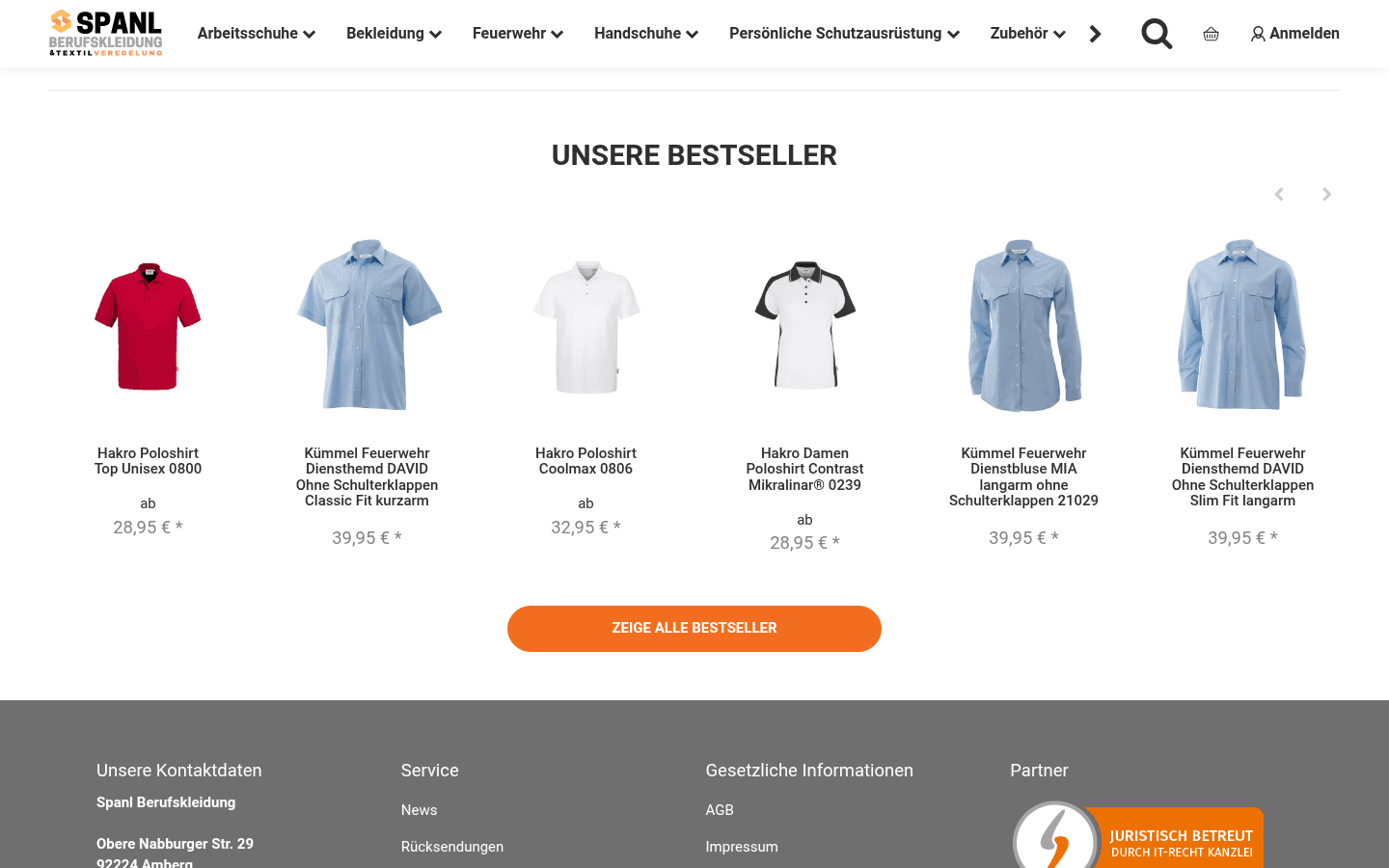 Produktslider Unsere Bestseller mit Poloshirts und Feuerwehr-Diensthemden samt Preisen