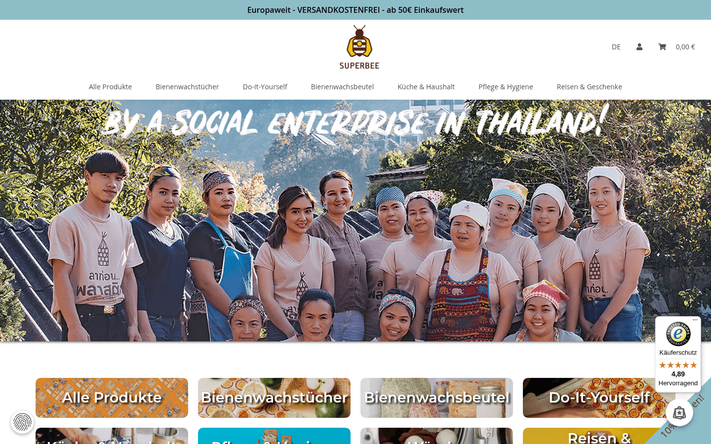 Startseite mit Team-Banner zu einem Social Enterprise in Thailand und Kategorie-Kacheln