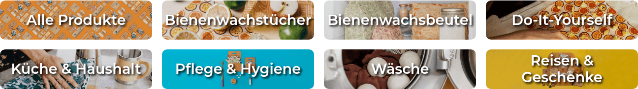 Reihe bebilderter Kategorie-Kacheln von Alle Produkte bis Reisen & Geschenke