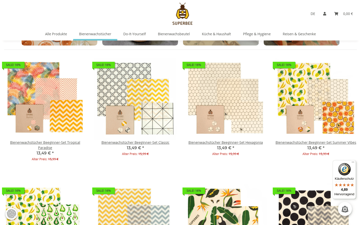Listing der Bienenwachstücher mit Unterkategorie-Kacheln und farbigem Produktraster